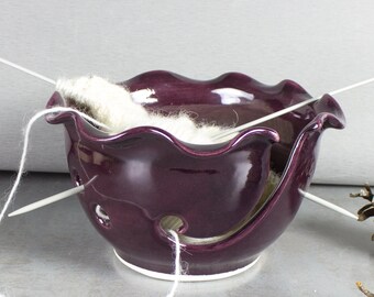 Ceramic Yarn Bowl, Knitting Bowl, Craft tool, diy Wheel thrown eggplant Marsala purple modern BlueRoomPottery MADE TO ORDER