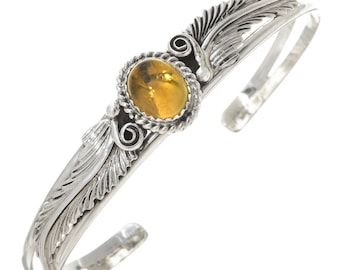 Navajo Citrine Silver Ladies Bracelet Leaf and Swirl Design Cuff