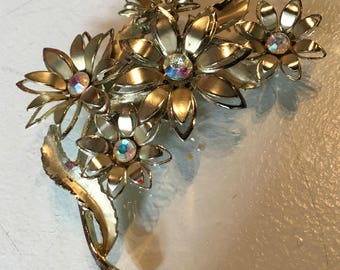 Vintage Coro Metal Flower Brooch with Rhinestones