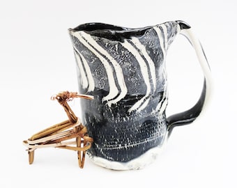 Dramatic Distorted Funky Primitive Wonky Looking 13 oz Coffee Mug,, Asymmetrical, Black Grey White, Stoneware, Zebra Striped