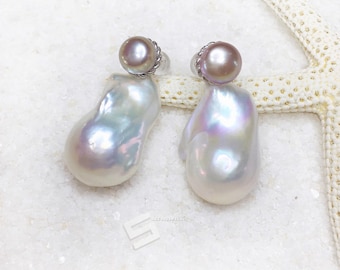 Large Baroque Pearl Earrings, Multiclolored Kasumi Cultured Pearls In Sterling Silver Changeable Earrings, Huge Real Pearl Earrings