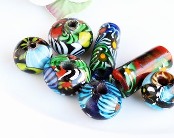 Large Millefiori like Glass Lamp work beads, multicolored bead Lot