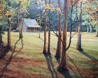 mountain cabin landscape with autumn trees, watercolor print
