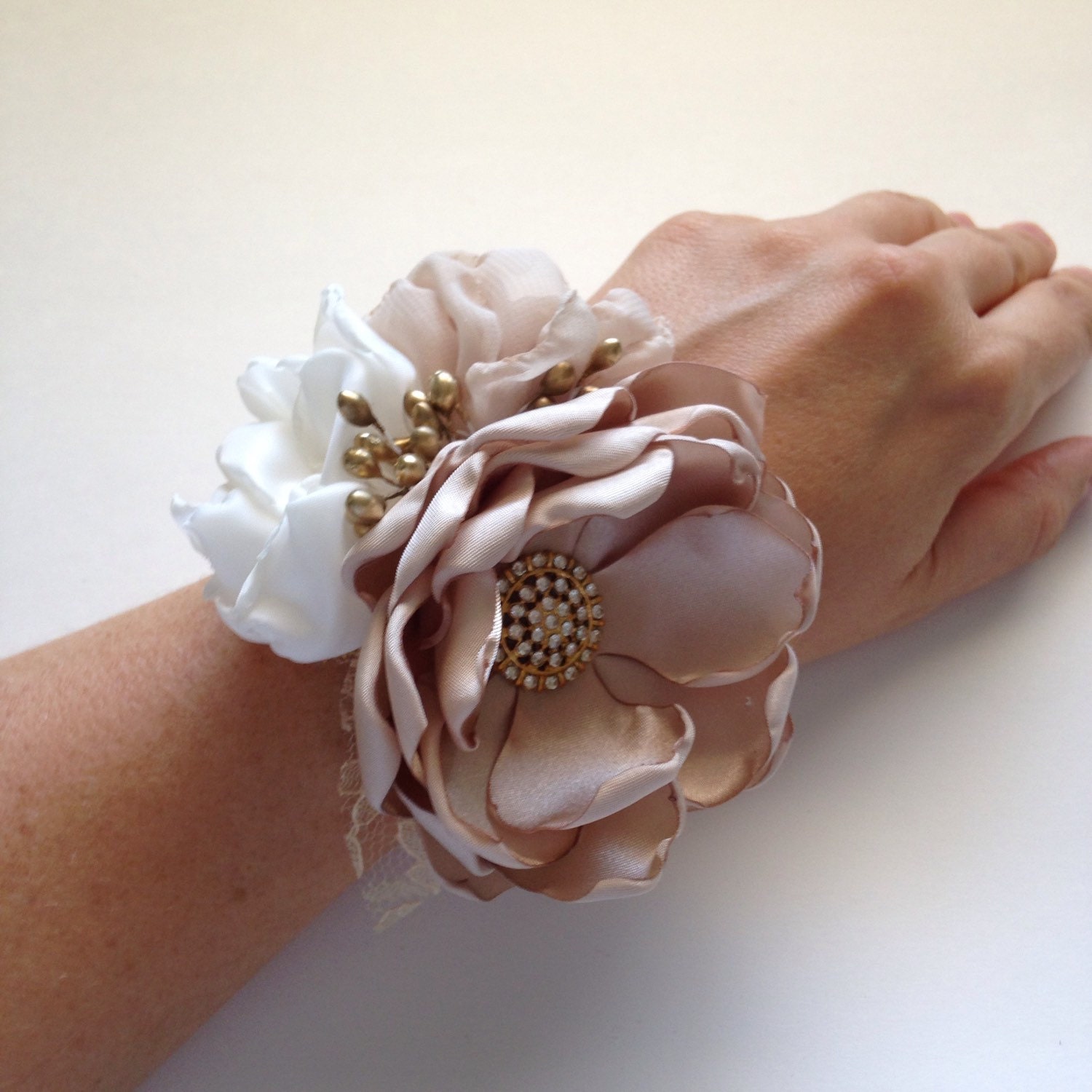 Wrist Corsage Champagne Ivory and Gold Fabric Flower