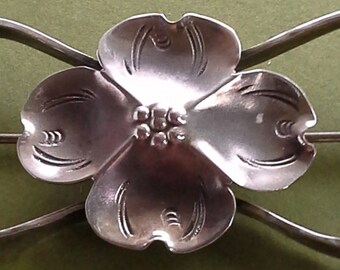 Vintage silver hammered handmade dogwood brooch