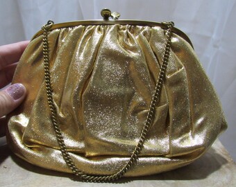 Vintage Gold Purse with Coin Purse and Mirror, Ingber Best and Co New York, Metallic Gold, Silky Soft