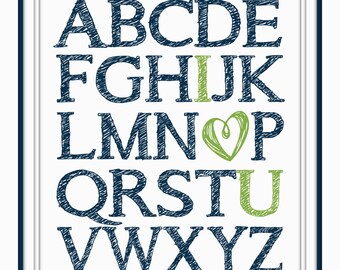 Alphabet Wall Art - Navy and Greenery - I Love You - Alphabet Art - Nursery Wall Art