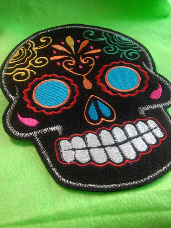 Sugar Skull embroidery patch 8X10 in. black multi turquoise blue eyes Dia de los Muertos