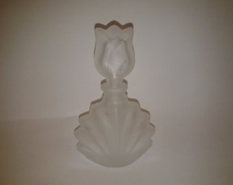 Vintage White Art Deco Style, Frosted Glass Perfume Bottle with tulip flower stopper