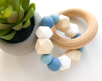 Teether Ring - hexagons & blue