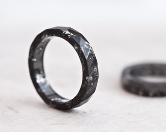 Resin Stacking Ring Black Silver Flakes Small Faceted Ring OOAK dark minimal chic minimalist eco jewelry
