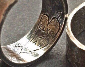 Personalized Wedding Bands, Custom Hand Engraved Heart with Names and Arrow, Promise Rings, Rustic Wide Ring Bands, Secret Message Rings