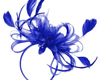 Royal Blue Net Hoop & Feathers Fascinator On Headband Wedding