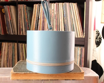 slate blue vintage wig box, round train case luggage . 1970s zipper case hat box