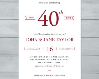 Anniversary Party Invitation | Wedding Anniversary Party Invitation | Anniversary Invite | 40th Anniversary Invitation