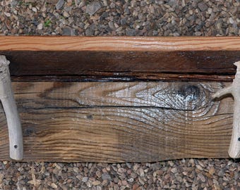 Two Antler Rustic Barnwood Wall Shelf