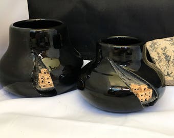 Southwest Pueblo Village Carved Inset Pottery Vases by Rodriguez