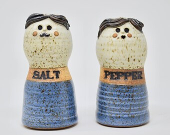 Vintage Stoneware Salt and Pepper Shakers Figural Man and Woman Larger Sized Salt and Pepper
