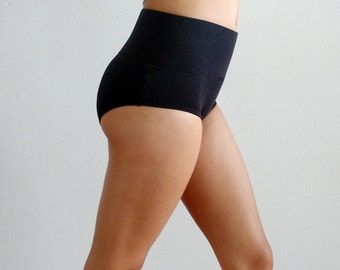 Black Organic Cotton Panties, High Waisted Bamboo Underwear, Natural Boybriefs, Lower Abdomen Compression, No Roll Elastic, Tummy Tuck In