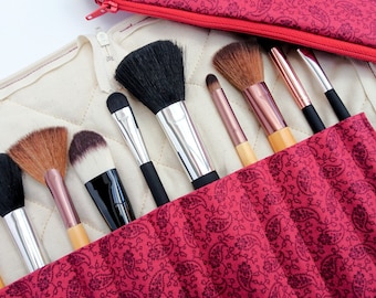 Travel makeup brush holder and bag, red brush holder, paisley brush holder, gift for her, gift for sister, red gift