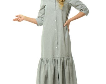Cotton long dress in gray/white