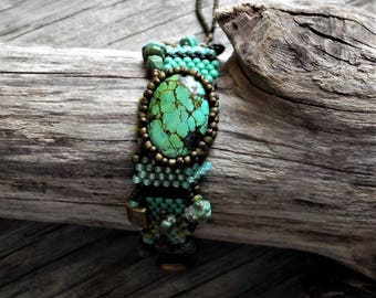 Jewelry - Free Form Peyote Stitch Beaded Bracelet - Bead Weaving - Turquoise - BOHO
