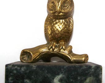Vintage Brass Owl on Marble Figurine, Owl Figurine, Brass Owl