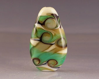 Lampwork Glass Focal Bead - tab bead in green, ivory and black