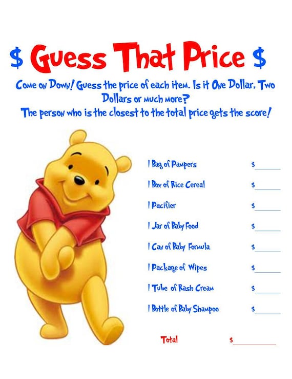 Winnie The Pooh Guess That Price Baby Shower Game
