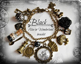Alice in Wonderland -Running White Rabbit-Jewellery bracelet handmade Gift-BLACK-eat me drink me mini glass bottle