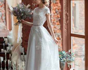 Wedding dress LORA / A-line wedding dress, boned, open back wedding dress, covered shoulders, short train weding dress