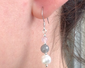 Pink freshwater pearls, Labradorite and quartz earrings