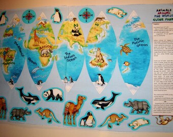 Animals Around The World Globe Panel Lisa McCue Wilmington Prints OOP Atlantic Ocean, Pacific Ocean, Australia, Africa ,South America