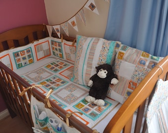 Nursery set - Jungle baby - 6 items avalible as set or seprarately. Unisex. Cot quilt, bumper, cot tidy, bunting, cushion covers.