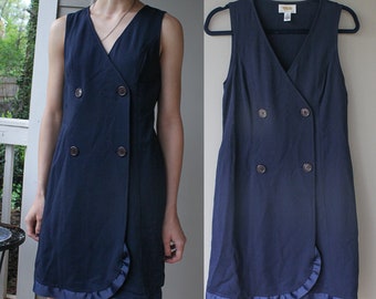 1990s Blue Wrap Dress Double Breasted V Neck Single Ruffle- Size 4