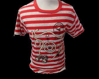 Vintage T-shirt 70s Textile Prints CAPTAIN SHIRT Striped Red Gray Made in usa