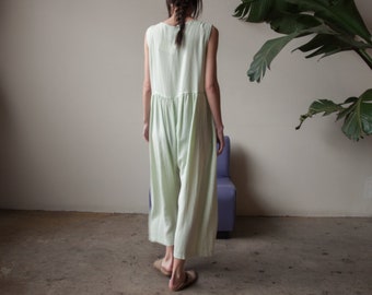 green gingham babydoll jumpsuit / babydoll oversized jumpsuit / lounger jumpsuit / s / m / 2339d / B1