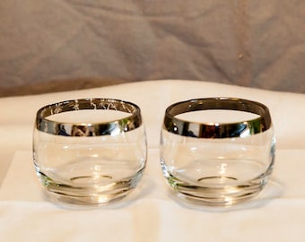 Mid Century Modern Silver Rimmed Roly Poly Glasses, Set of 2, Mad Men, Dorothy Thorpe Like,