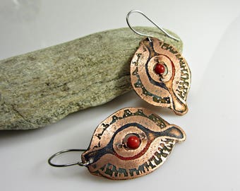 Red Coral Earrings Dangle Boho Earrings Bohemian Copper Jewelry Handmade Red Earrings Dangle Earrings Women Copper Jewelry Gift Earrings