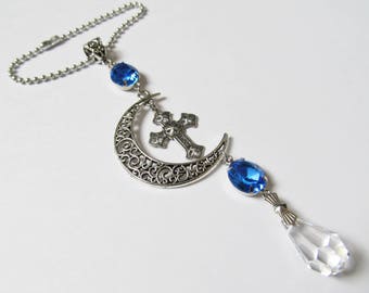 Rear View Mirror Accessories For Women, Rearview Mirror Charm, Cross Car Charm, Crystal Car Charm, Car Gift Idea, Prism Suncatcher, Blue
