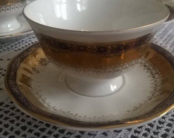 1950s Vintage Jarolina Poland, Gold Blue Flower Teacup and Saucer, Beautiful Tea Cup