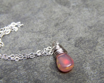 Tiny fire opal necklace, opal gemstone jewelry, October gift opal