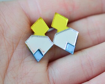 Mirror Perspex Geometric Stud Earrings - Yellow / Silver / Blue