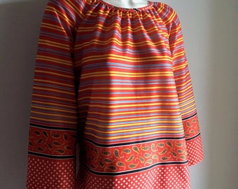 Vintage Women's 70's Boho Blouse, Red, Striped, Polyester, Bell Sleeve (XL)