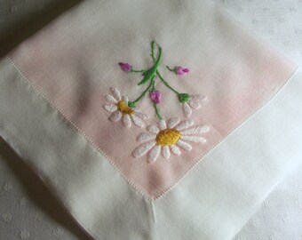 Vintage White Hanky with Hand Embroidered White Daisies - Hankie Handkerchief