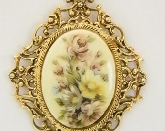 Vintage Florenza Hand Painted Floral Bouquet Pendant Necklace