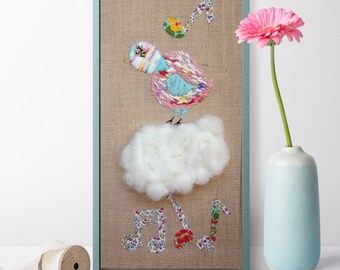 Bird Textile Art. Stitched Painting. Kids Room. Nursery Decor. Modern Art. Boho Decor. Farmhouse Style. Wall Art. Rustic Decor. Fiber Art