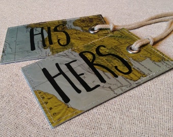 His & Hers set of luggage tags made with original maps