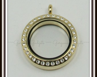 25mm Floating Locket / Glass Locket / Memory Locket Pendant Stainless Steel Gold With Crystals