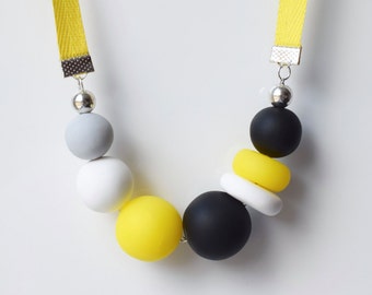 Ribbon statement necklace, Yellow chunky necklace, Round necklace, Yellow beaded necklace, Modern bead necklace, Urban jewelry, Polymer clay